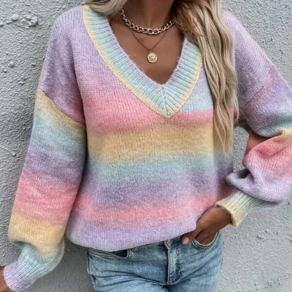 Bellanblue Sweaters - Pink Lilac Color Block Oversized V neck Knit Sweater